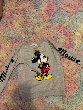 Disney Grey Sequin Mickey Mouse Sweatshirt with Black Sleeve Script